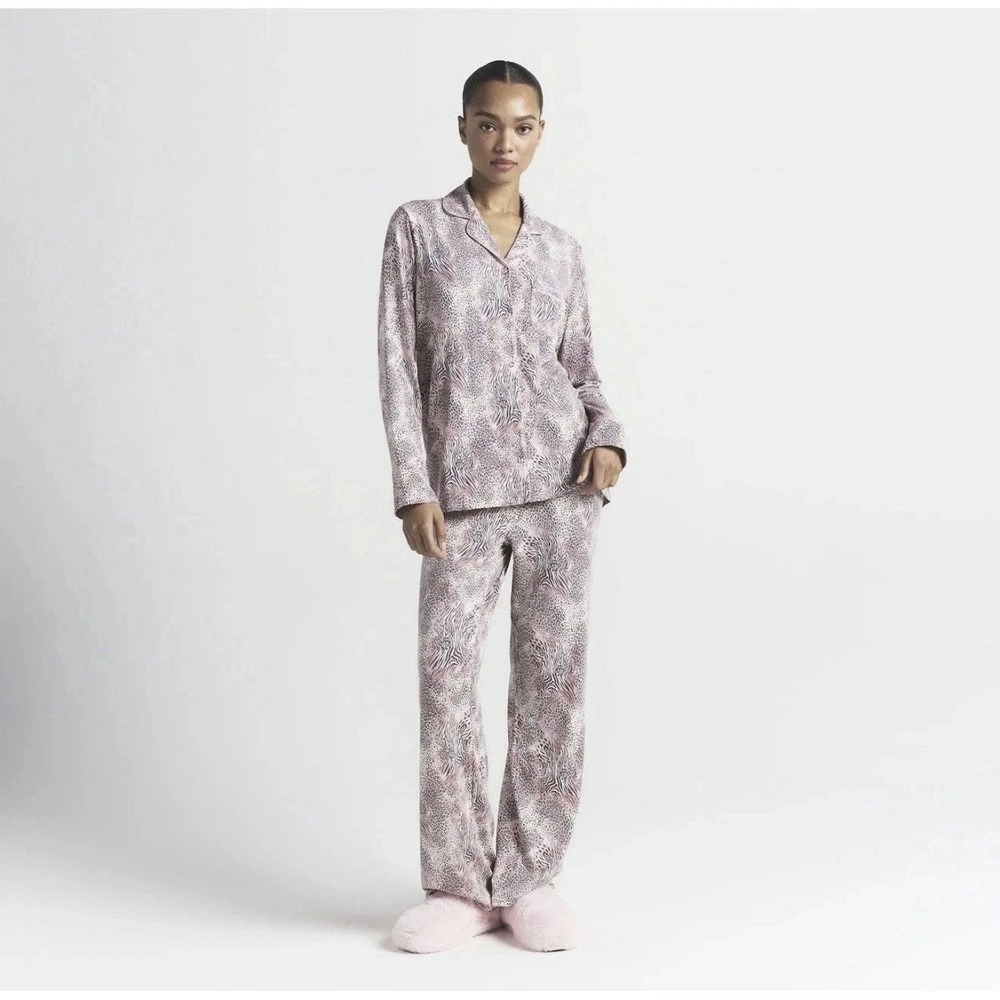 Skims Long Sleeve Button Up Sleep Set Women's Sz Medium Bloom Mini Multi Animal